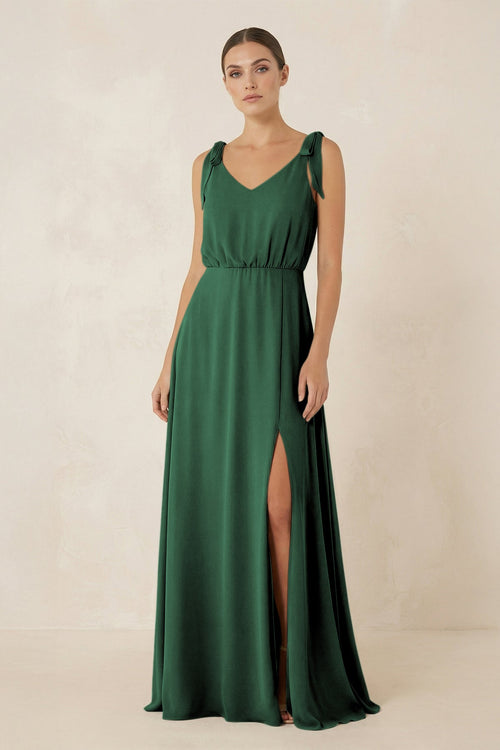 Dark Green V-Neck A-Line Chiffon Bridesmaid Dress | KISSBRIDAL