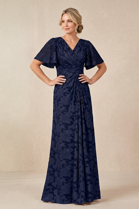 Dark Navy V-Neck A-Line Jacquard Ruffled Sleeves Pleated Mother of the Bride Dress (2) | KISSBRIDAL