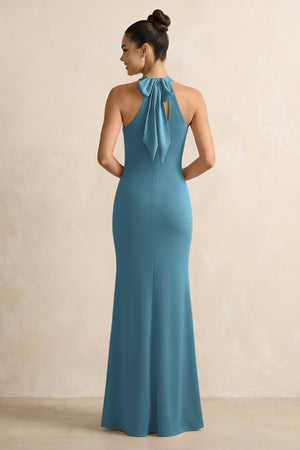 Dark Teal Crisscross Halter Sheath Satin Bridesmaid Dress with Bow (2) | KISSBRIDAL