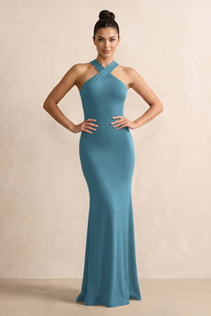 Dark Teal Crisscross Halter Sheath Satin Bridesmaid Dress with Bow | KISSBRIDAL