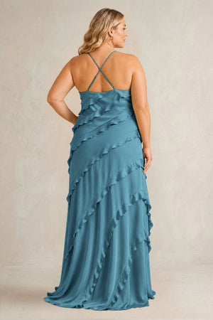 Dark Teal Spaghetti Straps Sheath Stain Ruffled Bridesmaid Dress (2) | KISSBRIDAL[sizeplus]