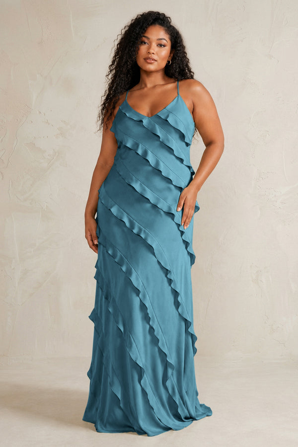 Dark Teal Spaghetti Straps Sheath Stain Ruffled Bridesmaid Dress (3) | KISSBRIDAL[sizeplus]