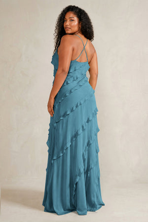 Dark Teal Spaghetti Straps Sheath Stain Ruffled Bridesmaid Dress (4) | KISSBRIDAL[sizeplus]