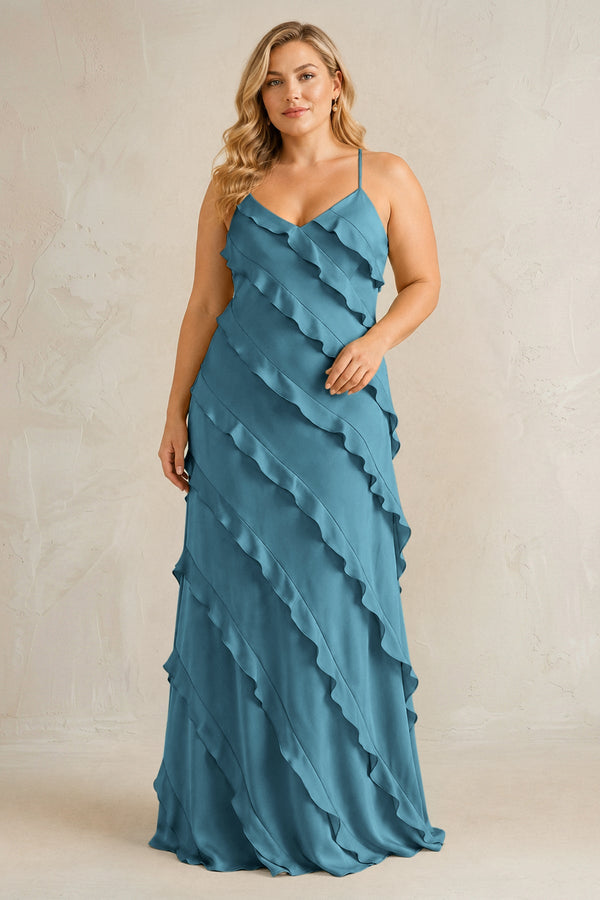 Dark Teal Spaghetti Straps Sheath Stain Ruffled Bridesmaid Dress | KISSBRIDAL[sizeplus]