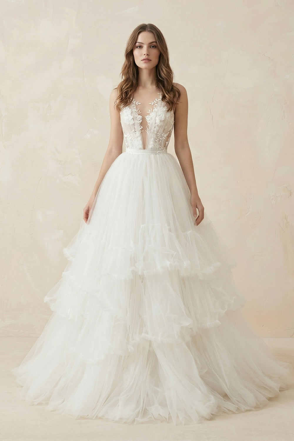Deep V Ball-Gown Tulle Appliqued Wedding Dress in White