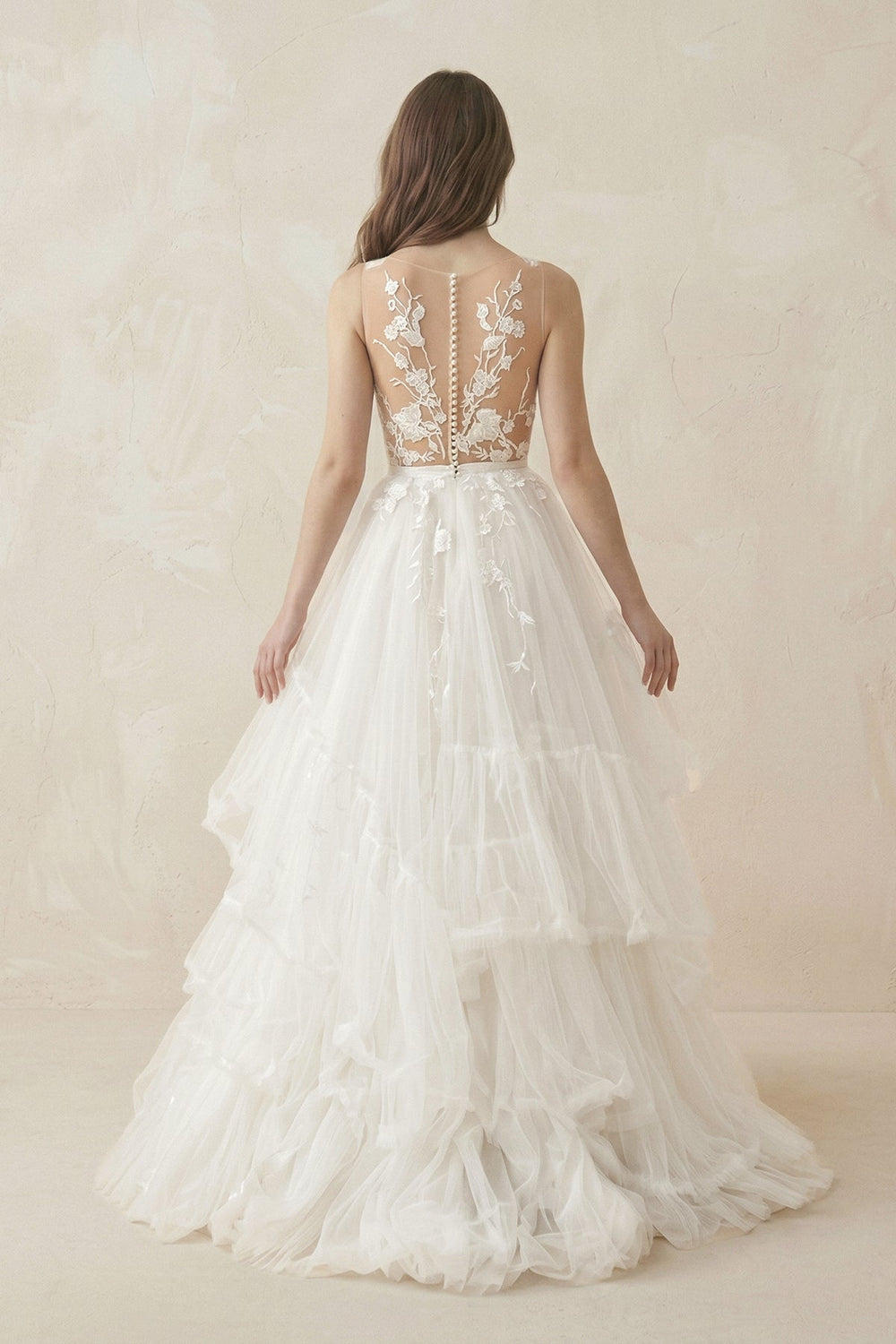Deep V Ball-Gown Tulle Appliqued Wedding Dress in White