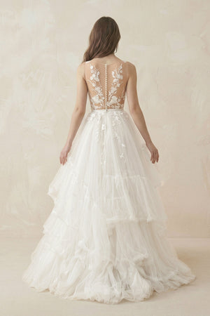 Deep V A - Line Tulle Appliqued Wedding Dress in White - KISS BRIDAL Wedding Dresses