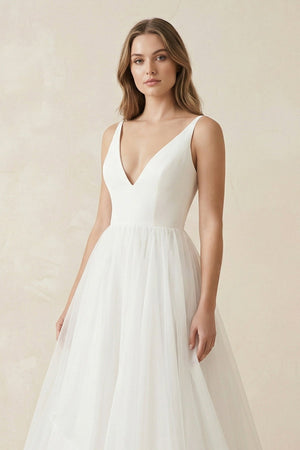 Deep V - Neck Chiffon Maxi Wedding Dress in White - KISS BRIDAL Wedding Dresses