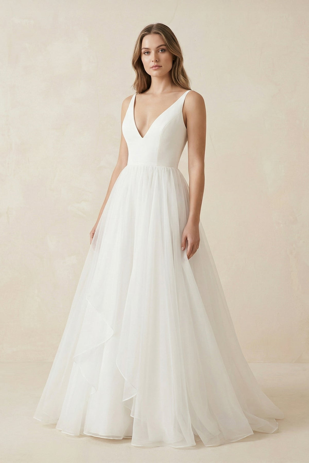 Deep V-Neck Chiffon Maxi Wedding Dress in White