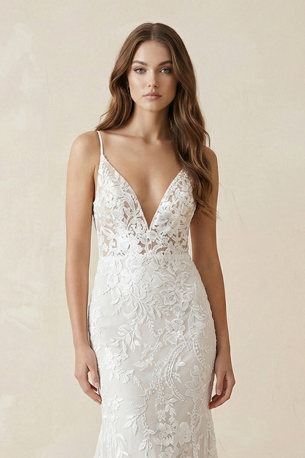 Deep V Neck Lace Mermaid Wedding Dress With Appliques in White - KISS BRIDAL Wedding Dresses