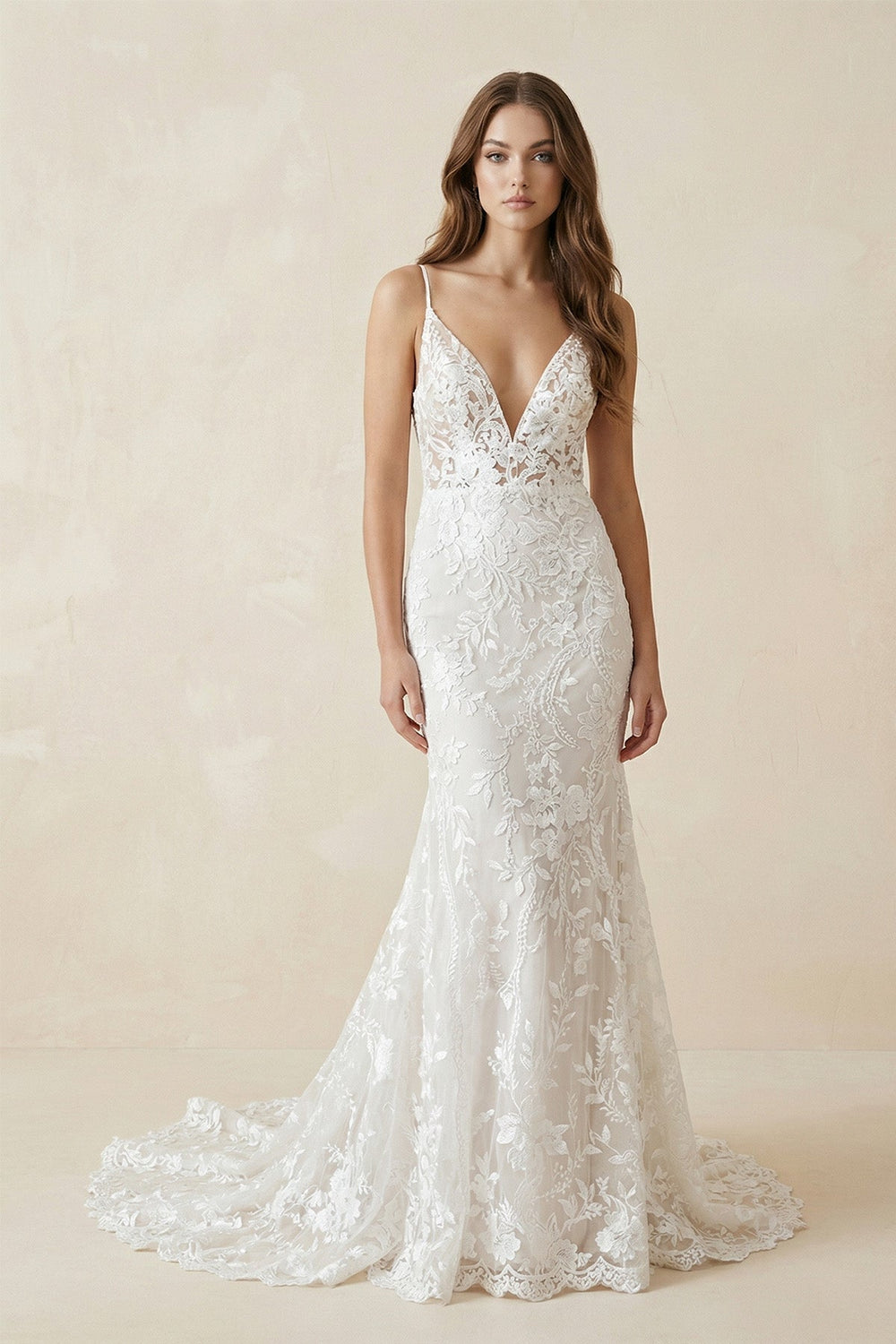 Deep V Neck Lace Mermaid Wedding Dress With Appliques in White