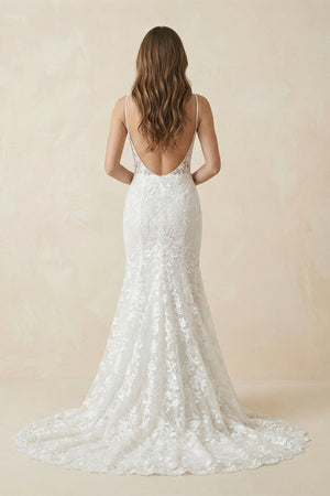 Deep V Neck Lace Mermaid Wedding Dress With Appliques in White - KISS BRIDAL Wedding Dresses