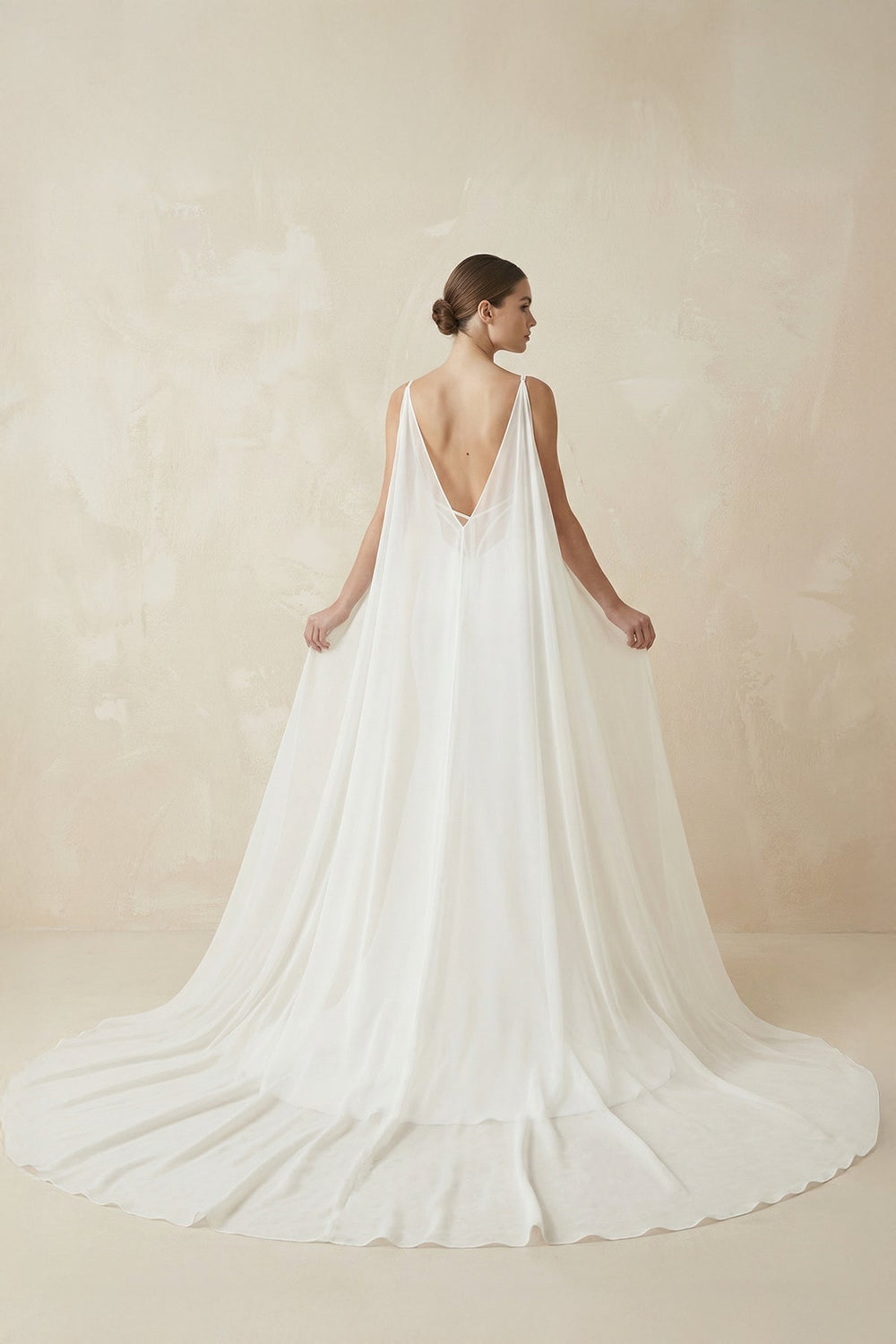 Deep V-Neck Mermaid Chiffon Wedding Dress Detachable Cape in White