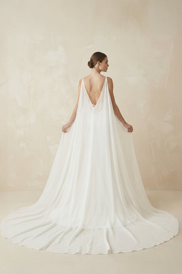 Deep V - Neck Mermaid Chiffon Wedding Dress Detachable Cape in White - KISS BRIDAL Wedding Dresses