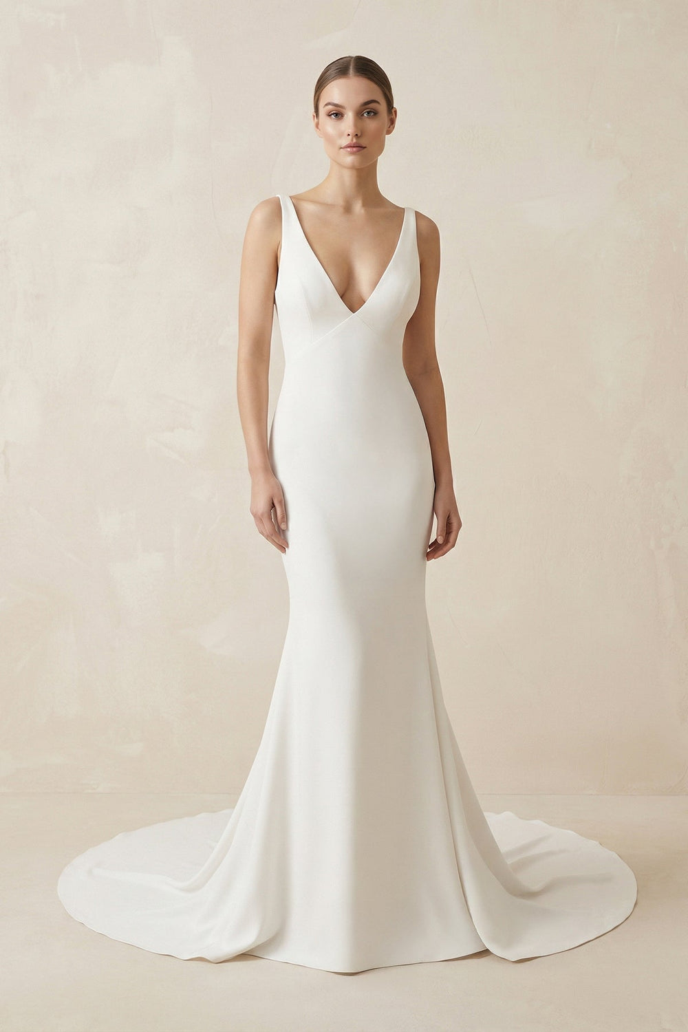 Deep V-Neck Mermaid Chiffon Wedding Dress Detachable Cape in White