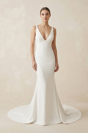 Deep V - Neck Mermaid Chiffon Wedding Dress Detachable Cape in White - KISS BRIDAL Wedding Dresses