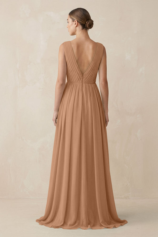 Deep V - Neck Pleated A - Line Chiffon Bridesmaid Dress in Bronzer - KISS BRIDAL Bridesmaid Dresses