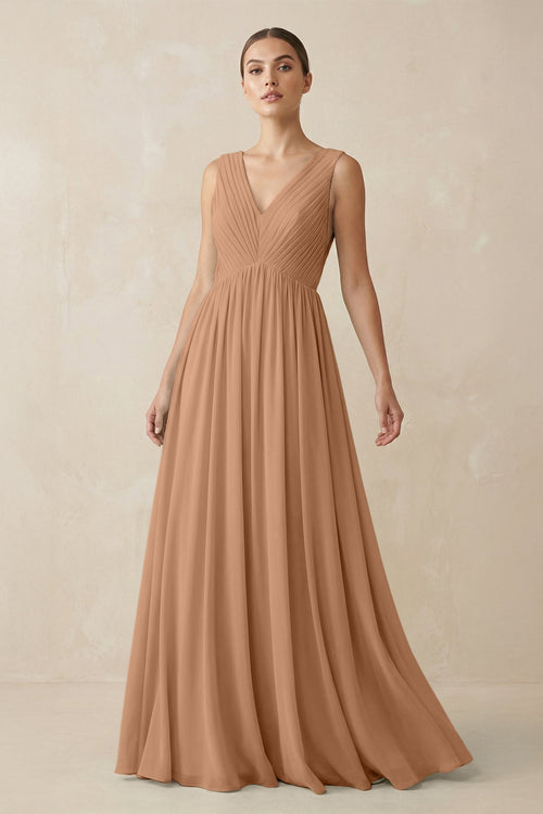 Deep V - Neck Pleated A - Line Chiffon Bridesmaid Dress in Bronzer - KISS BRIDAL Bridesmaid Dresses