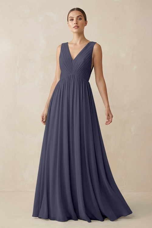 Deep V - Neck Pleated A - Line Chiffon Bridesmaid Dress in Dusk Blue - KISS BRIDAL Bridesmaid Dresses