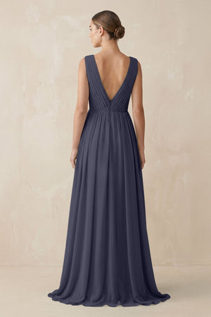 Deep V - Neck Pleated A - Line Chiffon Bridesmaid Dress in Dusk Blue - KISS BRIDAL Bridesmaid Dresses