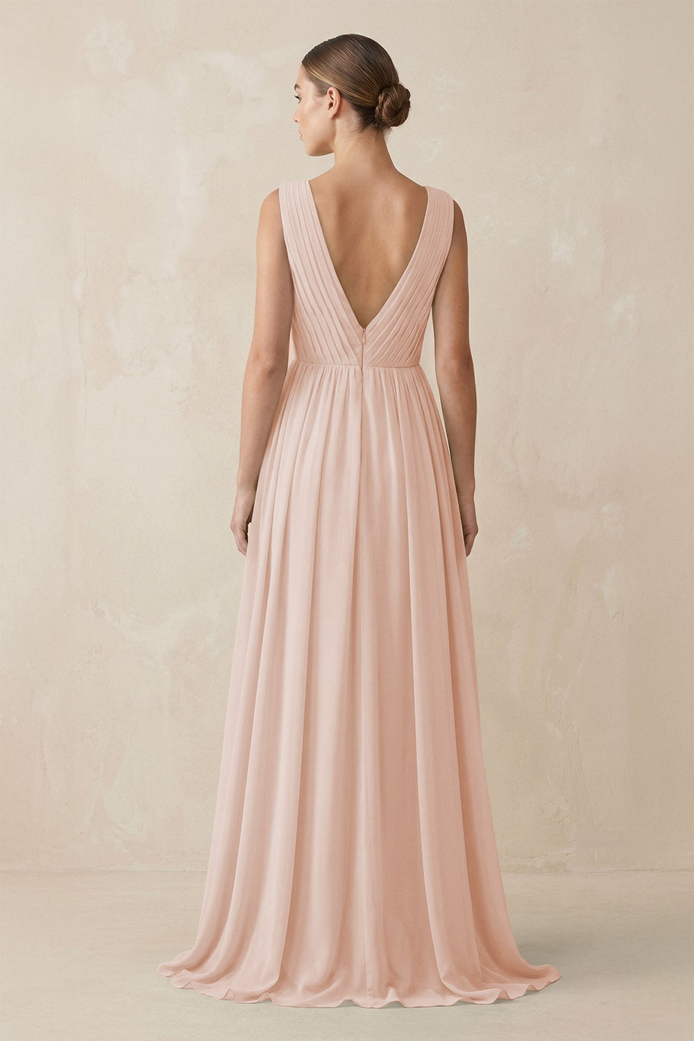 V-Neck Pleated A-Line Chiffon Bridesmaid Dress in Pale Blush