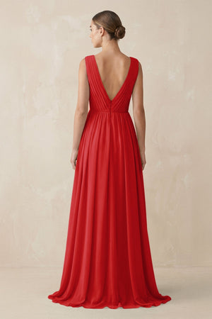 Deep V - Neck Pleated A - Line Chiffon Bridesmaid Dress in Ruby Red - KISS BRIDAL Bridesmaid Dresses