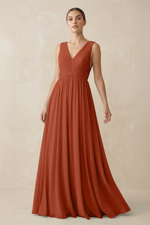 Deep V - Neck Pleated A - Line Chiffon Bridesmaid Dress in Spice - KISS BRIDAL Bridesmaid Dresses