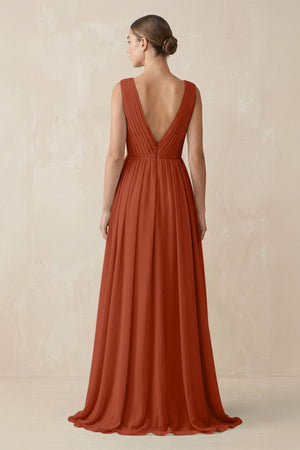 Deep V - Neck Pleated A - Line Chiffon Bridesmaid Dress in Spice - KISS BRIDAL Bridesmaid Dresses