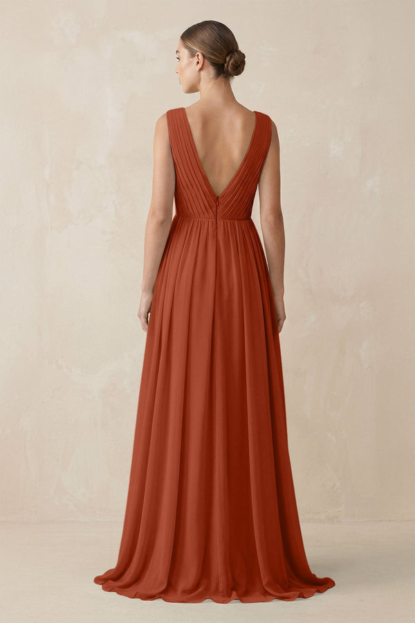 Deep V - Neck Pleated A - Line Chiffon Bridesmaid Dress in Spice - KISS BRIDAL Bridesmaid Dresses