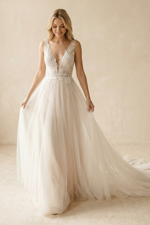 Deep V - Neck Tulle A - Line Appliqued Wedding Dress in Ivory - KISS BRIDAL Wedding Dresses