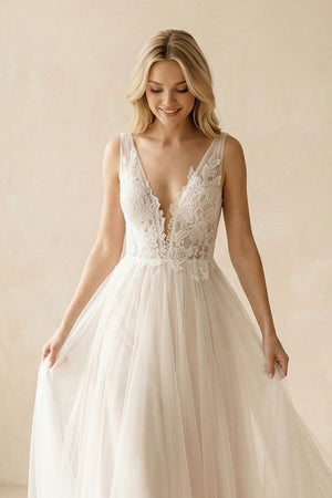 Deep V - Neck Tulle A - Line Appliqued Wedding Dress in Ivory - KISS BRIDAL Wedding Dresses