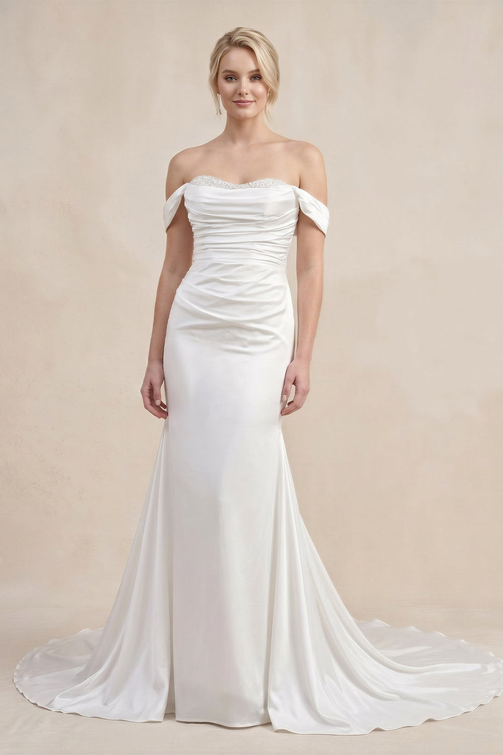 Mermaid Pearls Off-the-Shoulder Wedding Dress in White