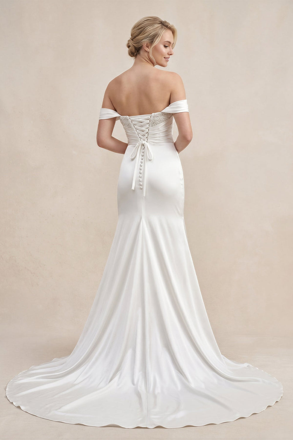 Mermaid Pearls Off-the-Shoulder Wedding Dress in White