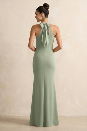 Dove Gray Crisscross Halter Sheath Satin Bridesmaid Dress with Bow (2) | KISSBRIDAL