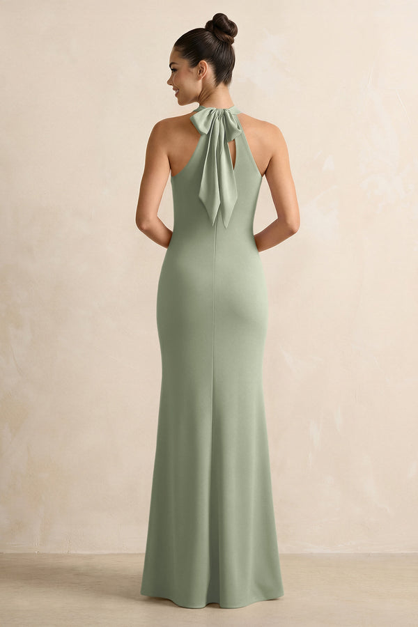 Dove Gray Crisscross Halter Sheath Satin Bridesmaid Dress with Bow (2) | KISSBRIDAL