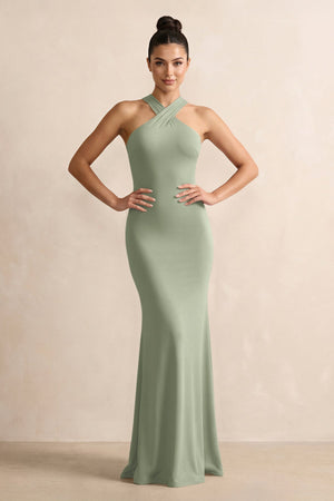 Dove Gray Crisscross Halter Sheath Satin Bridesmaid Dress with Bow | KISSBRIDAL