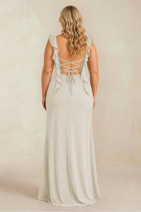 Dove Gray Ruffled Sleeve Ruched Sheath Chiffon Bridesmaid Dress (2) [sizeplus] | KISSBRIDAL