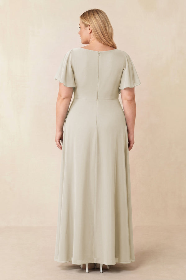 Dove Gray Short Sleeves Bateau A-Line Chiffon Bridesmaid Dress (2) [sizeplus] | KISSBRIDAL