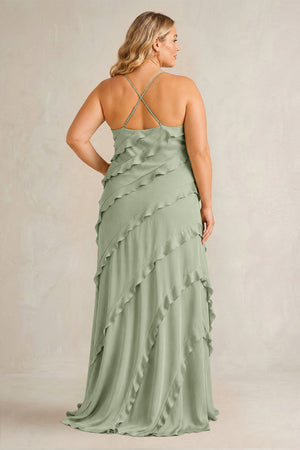 Dove Gray Spaghetti Straps Sheath Stain Ruffled Bridesmaid Dress (2) | KISSBRIDAL[sizeplus]