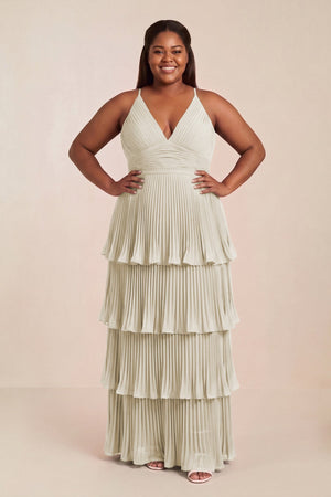 Dove Gray Tiered Pleated V-Neck A-Line Chiffon Bridesmaid Dress [sizeplus] | KISSBRIDAL