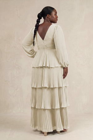 Dove Gray V-Neck Tiered A-Line Long Sleeve Bridesmaid Dress (2) [sizeplus] | KISSBRIDAL