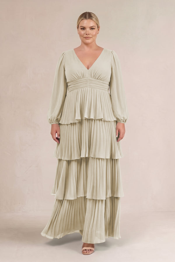 Dove Gray V-Neck Tiered A-Line Long Sleeve Bridesmaid Dress (3) [sizeplus] | KISSBRIDAL