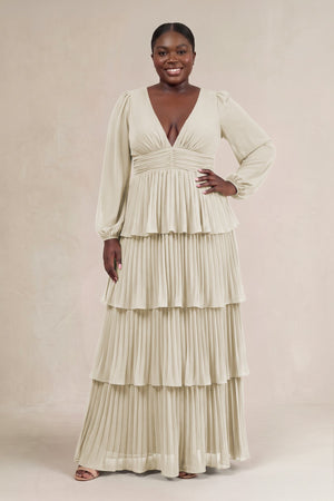 Dove Gray V-Neck Tiered A-Line Long Sleeve Bridesmaid Dress [sizeplus] | KISSBRIDAL