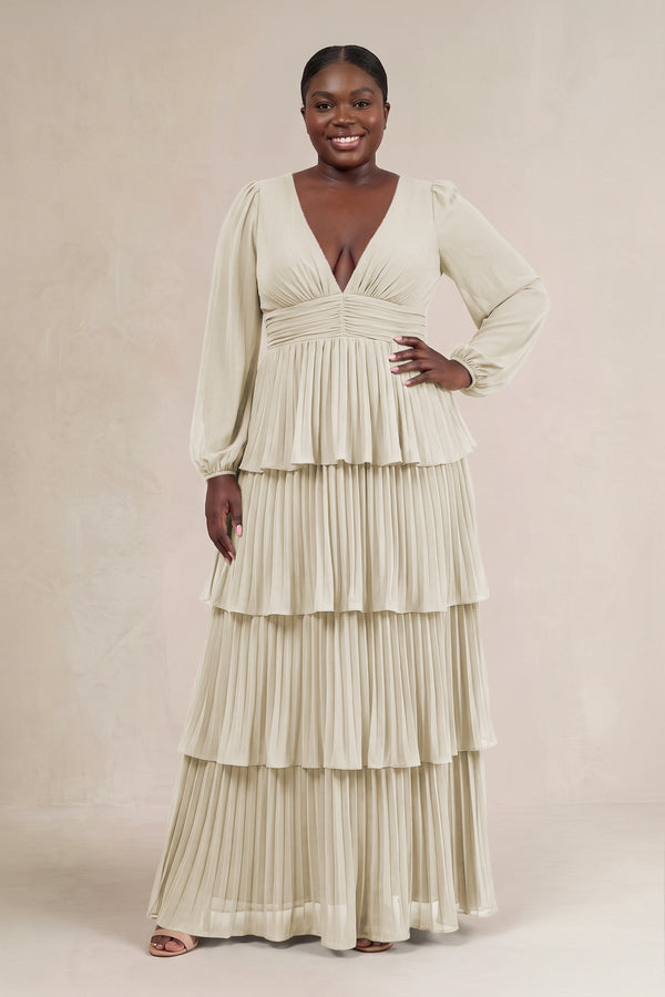 Dove Gray V-Neck Tiered A-Line Long Sleeve Bridesmaid Dress [sizeplus] | KISSBRIDAL