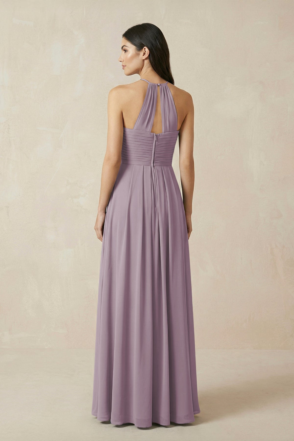 A-Line Halter Neck Pleated Chiffon Bridesmaid Dress in Dusk