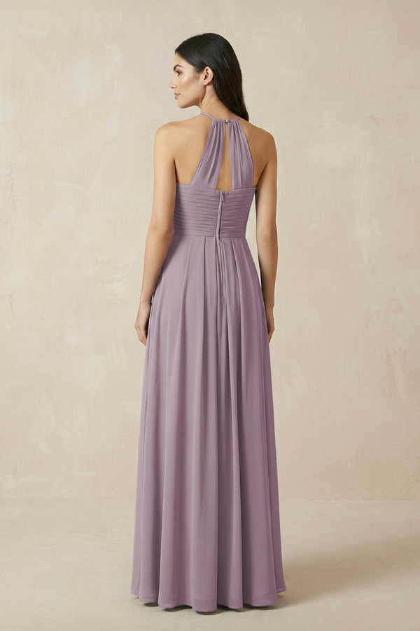 Dusk A-Line Halter Neck Pleated Chiffon Bridesmaid Dress (2) | KISSBRIDAL