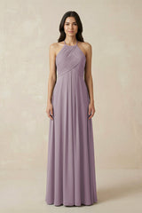 Dusk A-Line Halter Neck Pleated Chiffon Bridesmaid Dress | KISSBRIDAL