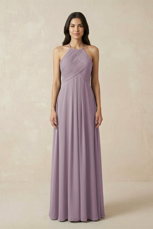 Dusk A-Line Halter Neck Pleated Chiffon Bridesmaid Dress | KISSBRIDAL