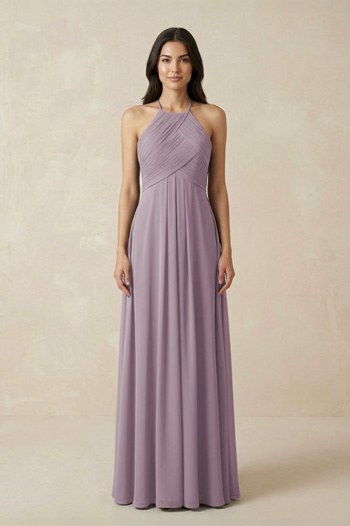 Dusk A-Line Halter Neck Pleated Chiffon Bridesmaid Dress | KISSBRIDAL
