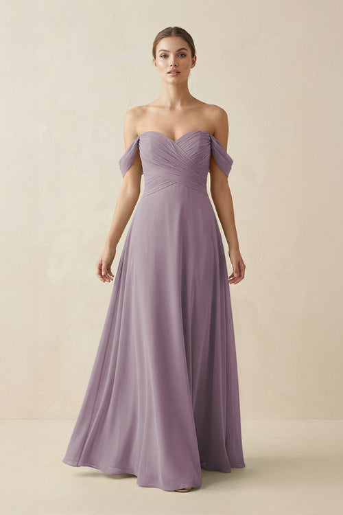 Dusk A-Line Off-the-Shoulder Chiffon Bridesmaid Dress | KISSBRIDAL